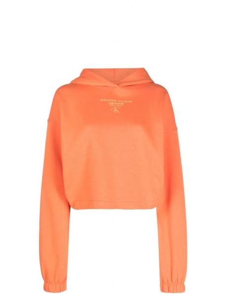 CALVIN KLEIN JEANS sieviešu oranžs džemperis ar kapuci Gathered hem cropped hoodie 